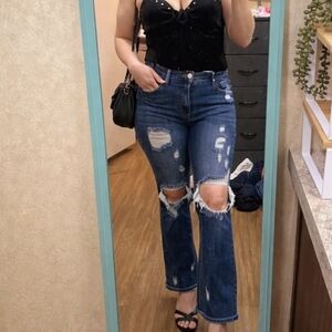 High-Rise Distressed Flare Jeans - Dark Blue